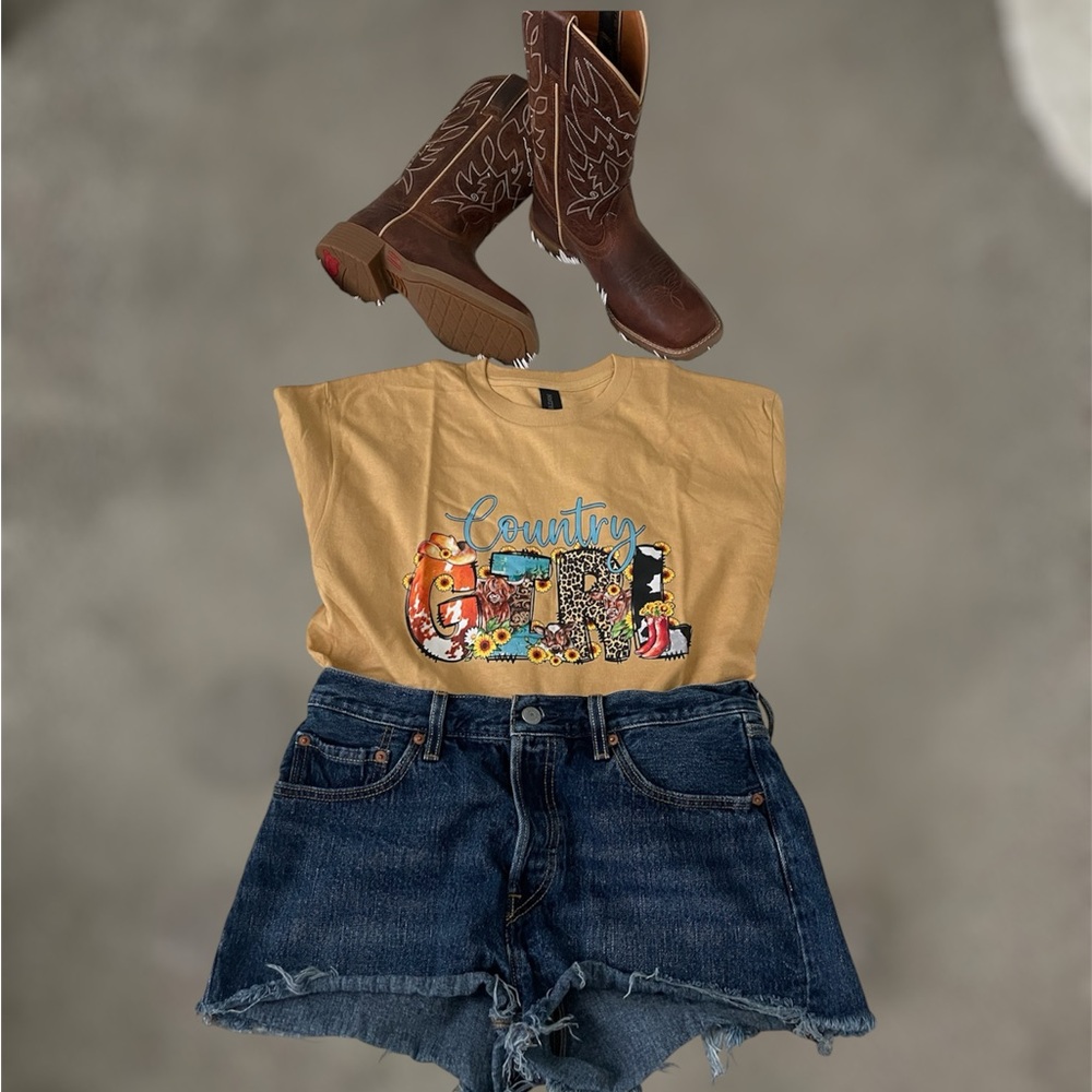 Country Girl Graphic Tee with Denim Shorts and Brown Boots